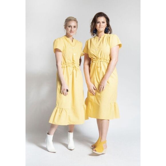 Bollie Maxi Dress Medium Short Sleeve Tie Waist Gingham Plaid Pockets Yellow - Picture 2 of 7